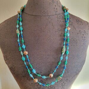Handcrafted Long Multi-Strand Beaded Necklace With Glass Beads & Metallic Accent